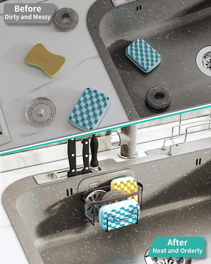 HapiRm Multifunctional Sponge Holder for Kitchen Sink with Unique M-Shaped, 2 Installation Methods Sink Caddy, Stainless Steel Kitchen Organizer for Sponge, Brush, Sink Stopper and Scraper -Bronze - Image 7