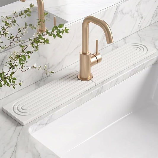 Stone Faucet Mat for Kitchen Sink-Diatomite Drying Stone Mat& Sink Protector,Quick Dry Water Absorbing Stone Tray ,Sink Splash Guard for Kitchen Counter & Bathroom Counter (White, 15.7"x3.9") by Unknown