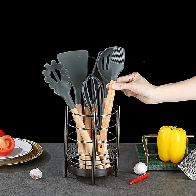 Black Kitchen Utensil Holder for Kitchen Counter, Stainless Steel Utensil Crocks, Black Titanium Coating Utensil Storage Caddy Organizer, Cooking Utensil Holder, Easy Cleaning (Black/7.4''x5.2'') - Image 5