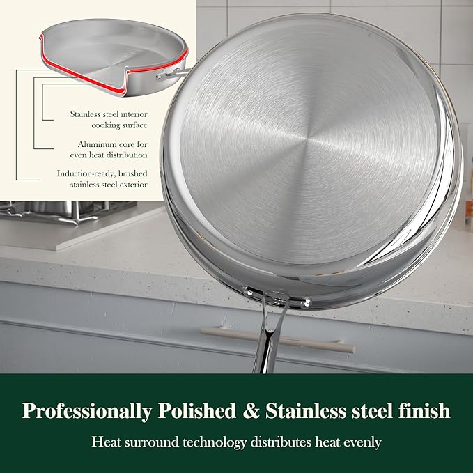 12 Inch Tri-Ply Stainless Steel Frying Pan, Frying Pan with Lid, PFOA/PTFE Free Skillet, Induction Cooking Pans, Dishwasher & Oven Broiler Safe 600F, Professional Cookware, Heavy Duty & Even Heat - Image 9