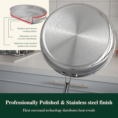 12 Inch Tri-Ply Stainless Steel Frying Pan, Frying Pan with Lid, PFOA/PTFE Free Skillet, Induction Cooking Pans, Dishwasher & Oven Broiler Safe 600F, Professional Cookware, Heavy Duty & Even Heat - Image 9