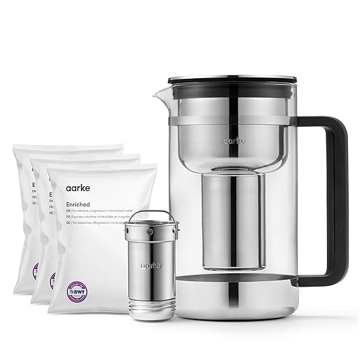Aarke Purifier Large Glass Pitcher Bundle w/Steel Filter, BPA-Free, 3 Enriched + 1 Pure Granules, 2.8L Pitcher with 1.66L Filtration Capacity by aarke