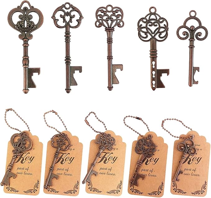 WODEGIFT 50pcs Skeleton Key Bottle Opener,Bridal Shower Party Favors,Souvenirs for guests Bulk,Wedding Party Favor Souvenirs Gift with Escort Tag (Red copper) by WODEGIFT
