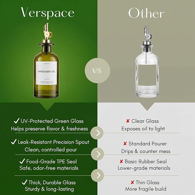Verspace UV-Protected Green Glass Olive Oil Dispenser Bottles For Kitchen - 2 Pack - 12oz Includes 40 Kitchen Essential Labels, Avocado Oil Dispenser Set, Modern Decor for Home, Airbnb, Cafe Set of 2 - Image 4