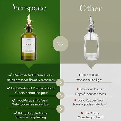Verspace UV-Protected Green Glass Olive Oil Dispenser Bottles For Kitchen - 2 Pack - 12oz Includes 40 Kitchen Essential Labels, Avocado Oil Dispenser Set, Modern Decor for Home, Airbnb, Cafe Set of 2 - Image 4