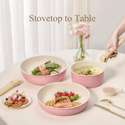 CAROTE Pots and Pans Set, Nonstick Cookware Set Detachable Handle, 19pcs Induction Kitchen Cookware Sets Non Stick with Removable Handle, RV Cookware Set, Oven Safe, Pink - Image 4