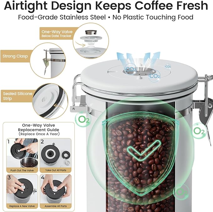 Veken Coffee Canister with Window, Airtight Stainless Steel Kitchen Food Storage Container with Lids, Date Tracker and Scoop for Grounds Coffee, Beans, Tea, Flour, Cereal, Sugar Jars, 22OZ, White - Image 5