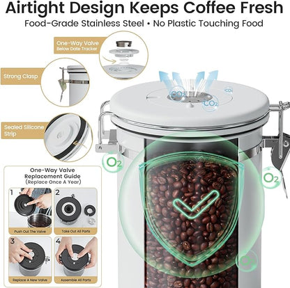 Veken Coffee Canister with Window, Airtight Stainless Steel Kitchen Food Storage Container with Lids, Date Tracker and Scoop for Grounds Coffee, Beans, Tea, Flour, Cereal, Sugar Jars, 22OZ, White - Image 5