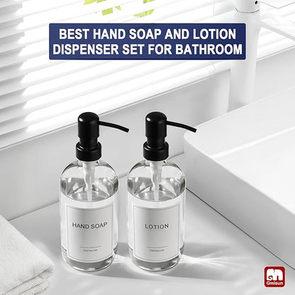GMISUN Glass Soap Dispenser with Pump, 2 Pack Clear Bathroom Hand Soap Dispenser with Stainless Steel Pump, 17 Fl Oz Refillable Kitchen Hand and Dish Soap Dispensers Set, Modern Liquid Pump Bottles - Image 5