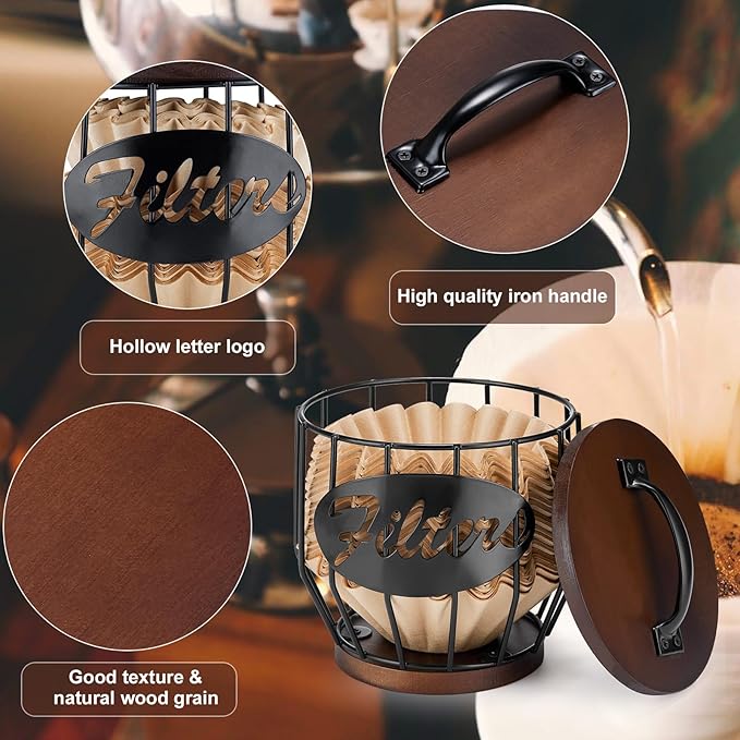 Yangbaga Coffee Filter Holder with Wood Lid,Wood and Metal Coffee Filter Storage Container Basket for Coffee Filters 2-4 Cup,Round Coffee Filter Holder Case for Counter,Coffee Bar Accessories decor - Image 4