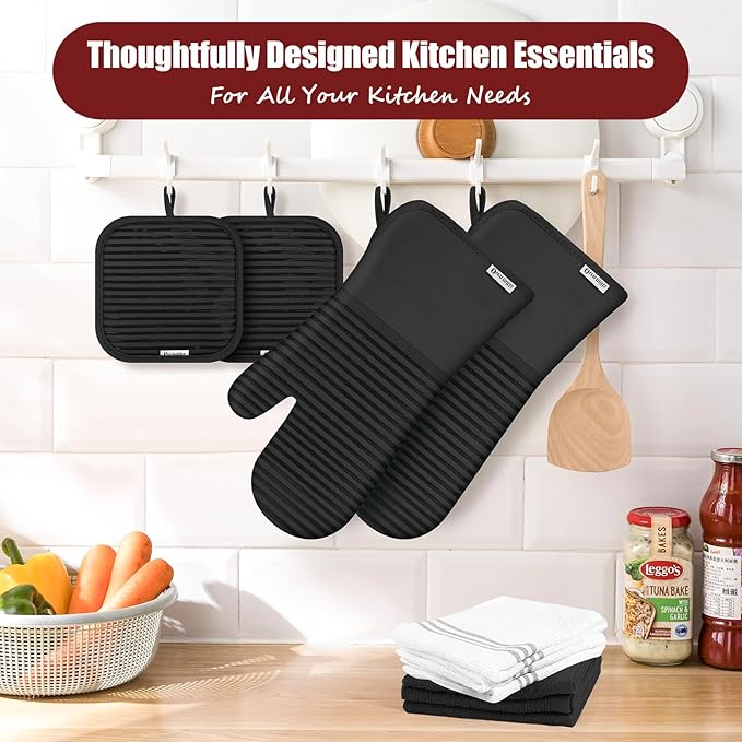 Oven Mitts and Pot Holder Sets with Silicone Grip, 500°F Heat Resistant-6 Pack Dishcloth/Dish Towels for Kitchen 100% Cotton-Value Kitchen Essentials for Cooking, Baking, Grilling-Black - Image 5