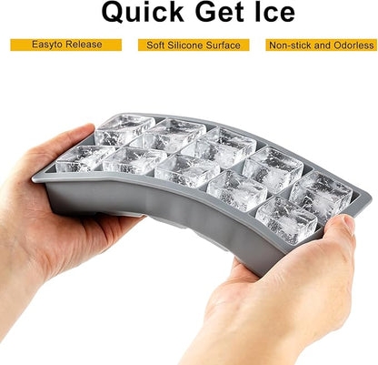 Premium Silicone Ice Cube Trays with Lid - 15 Large Square Ice Cubes for Whiskey, Cocktails, Coffee & More - BPA Free, Stackable, Easy Release & Dishwasher Safe - Gray-2pack