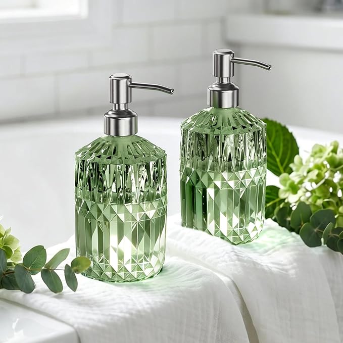 AmazerBath Soap Dispenser, 2 Pack Green Glass Soap Dispenser with Pump Stainless Steel, 14.2OZ Refillable Hand Soap Bottles Bathroom Kitchen - Image 8