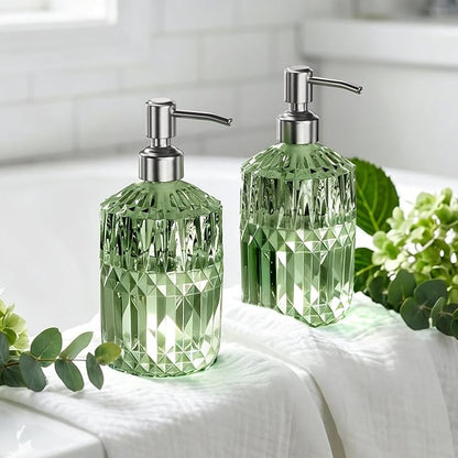 AmazerBath Soap Dispenser, 2 Pack Green Glass Soap Dispenser with Pump Stainless Steel, 14.2OZ Refillable Hand Soap Bottles Bathroom Kitchen - Image 8