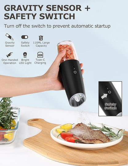 innhom Gravity Electric Salt and Pepper Grinder Set Salt Grinder Pepper Mill Automatic Salt and Pepper Grinder Set with Adjustable Coarseness USB Rechargable, 2 Pack