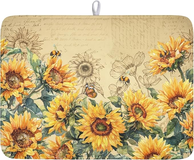Sunflower Dish Drying Mat for Kitchen Counter Vintage Yellow Sunflowers Microfiber Dish Drainer Mat Spring Summer Watercolor Floral Absorbent Washable Drying Pad Extra Large 18"x24"