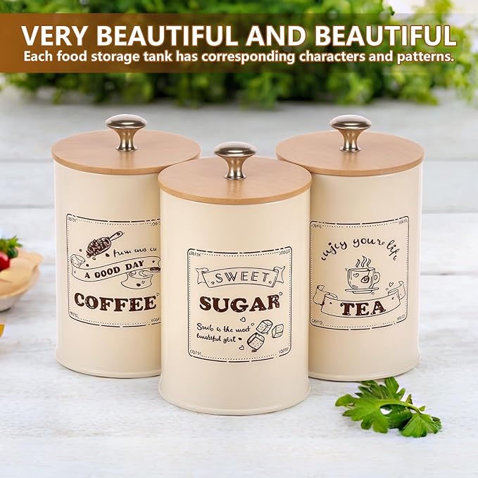 3 Pack Coffee Tea Sugar Container Set with Bamboo Lids Airtight Metal Canister Sets for Kitchen Counter Vintage Coffee Bar Container Set Rustic Farmhouse Kitchen Decor