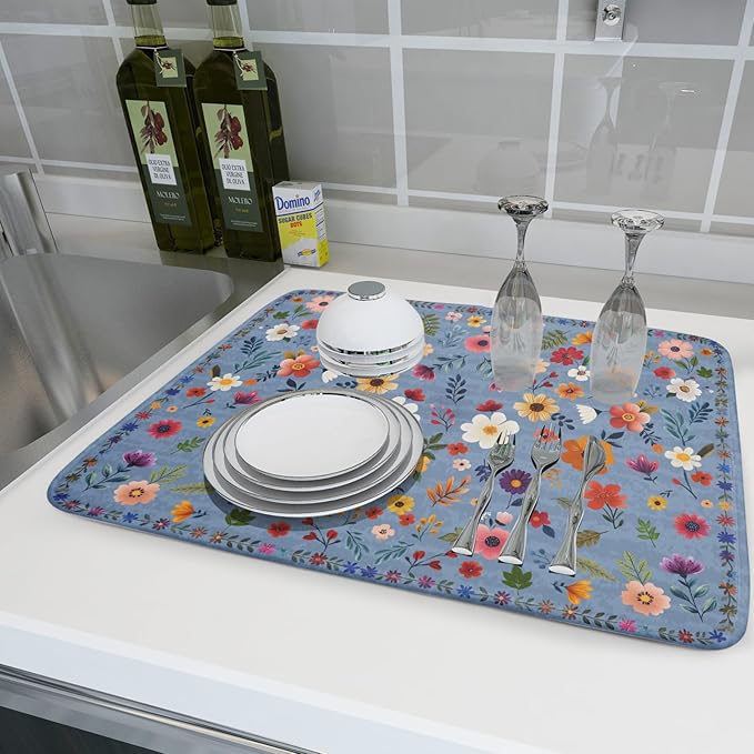 Colorful Flower Dish Drying Mat - Blue Large Floral Coffee Mat for Kitchen Counter Decor 18 X 24 - Image 6