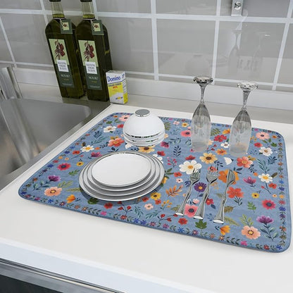 Colorful Flower Dish Drying Mat - Blue Large Floral Coffee Mat for Kitchen Counter Decor 18 X 24 - Image 6