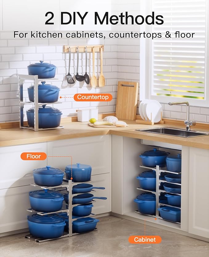 ORDORA Pots and Pans Organizer Rack for Cabinet, 15.83" Height 8-Tier Heavy Duty 120LBS Pot Pan Organizer under Cabinet Adjustable for Cast-iron Pan, Heavy Skillets Griddles, Shallow Pot, Silver - Image 2