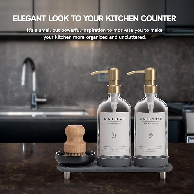 [Luxury] Kitchen Soap Dispenser Set - 16OZ Clear Glass Bottle, Stainless Steel Pump, Instant Dry Tray, Waterproof Labels, Non-Slip Silicone Pad, and Dish Brush | Upgrade for Your Kitchen and Bathroom - Image 5