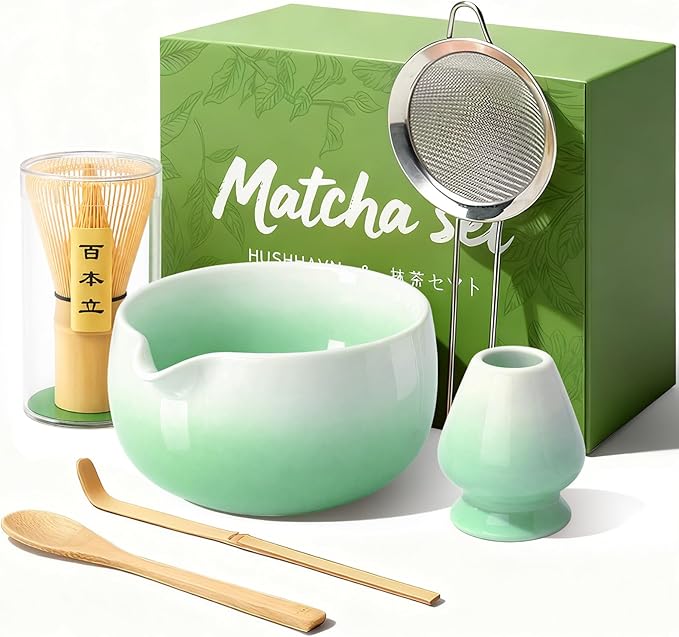Matcha Whisk Set, Ceramic Matcha Set Includes Bowl & Holder, Bamboo Whisk (Chasen), Scoop, Spoon and Sifter, 6PCS Matcha Kit Covers Everything Needed for Making Matcha (Green)