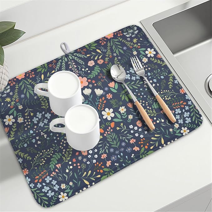 Floral Dish Drying Mat for Kitchen Counter Rustic Flower Leaves Print Microfiber Dish Drainer Mat Farmhouse Floral Absorbent Washable Drying Pad Extra Large 18"x24"