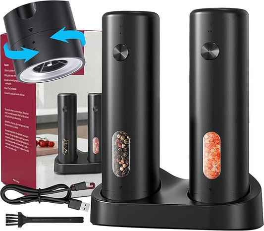 Electric Salt and Pepper Grinder Set with Dual Charging Base, Rechargeable Automatic Pepper Mill, 110ml Large Capacity, Adjustable Coarseness, One-Handed Operation for Kitchen, BBQ, Gift
