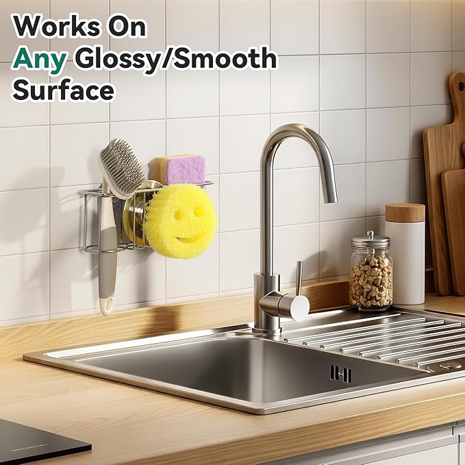 3-IN-1 Multiuse Sponge Holder for Kitchen Sink, Sponge Caddy for Scrub Daddy/Scrub Mommy Smiley Face, Sink Organizer Accessories for Dish Brush, Scrubber - with 2 Suction Cups & 1 Adhesive Hook - Image 5