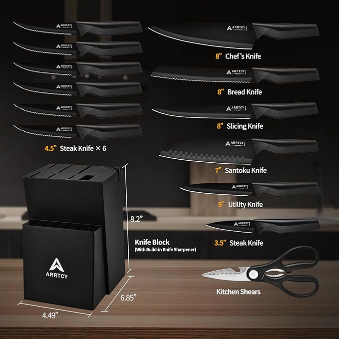 Knife Set with Block - Kitchen Knife Set German High-Carbon Steel - 15-Piece with Built-in Sharpener & Dishwasher Safe - Ergonomic Anti-Slip Handles,Black,Gift Box Included - Image 2