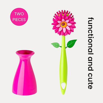Vigar Flower Power Dish Brush with Handle and Vase Dish Brush Holder, Kitchen Scrub Brush for Pot Scrubber, Dishes, and Sink Cleaning, Pink, Green - Image 8