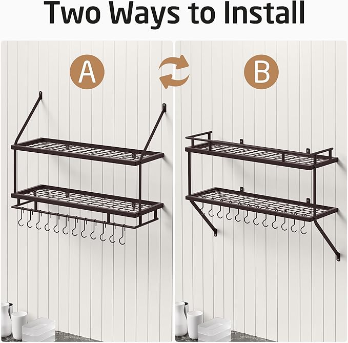KES 30-Inch Oiled Bronze Pot Rack Wall Mounted, 2-Tier Hanging Pot and Pan Organizer with 12 Sturdy Hooks, Kitchen Wall Hanger Shelves Farmhouse Style, KUR215S75B-OB - Image 8