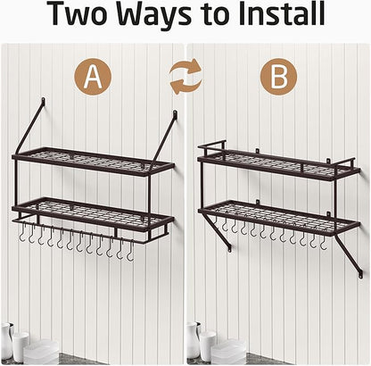 KES 30-Inch Oiled Bronze Pot Rack Wall Mounted, 2-Tier Hanging Pot and Pan Organizer with 12 Sturdy Hooks, Kitchen Wall Hanger Shelves Farmhouse Style, KUR215S75B-OB - Image 8