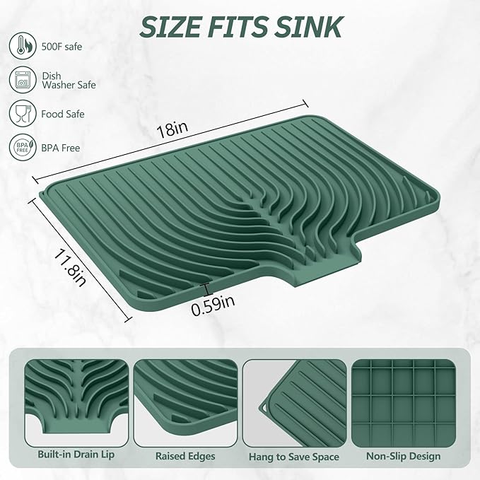 Dish Drying Mat for Kitchen Counter, with Built-in Drain Lip, Food-Grade Silicone, Easy Clean Pad for Countertop Protection, Multi-Functional Use (18x11.8, Dark Green) - Image 2