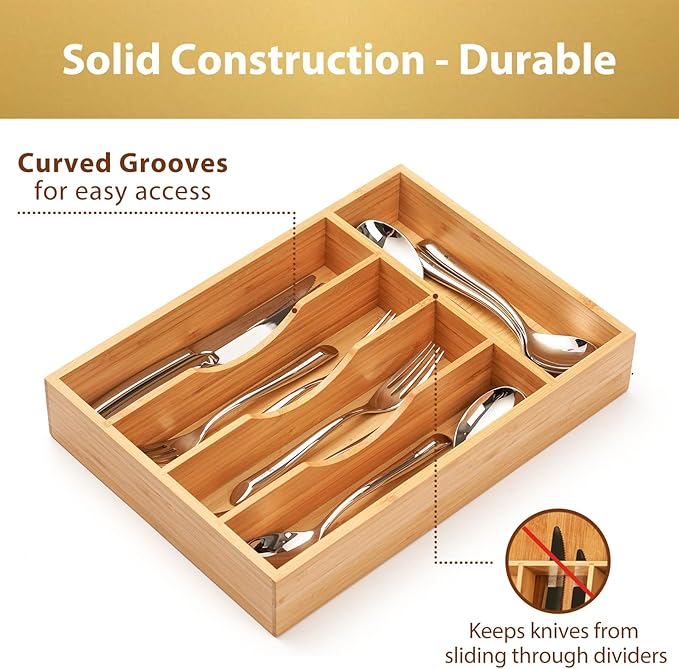 Umilife Bamboo Kitchen Drawer Organizer, 9 Inch Silverware Utensils Tray Holder for Small Drawer, Wood Caddy for Flatware Cutlery Knives - Image 3