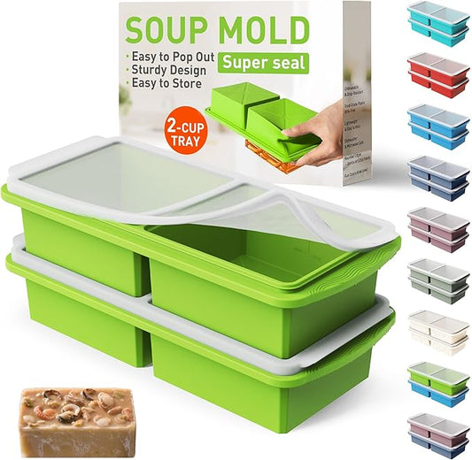 Silicone Freezer Tray with Lid Soup Freezer Container Molds with Steel Reinforced Rim Ice Cube Freezer Molds for Soup, Sauce, Leftovers, Homemade Meal Prep Containers Butter Molds Kitchen Sets