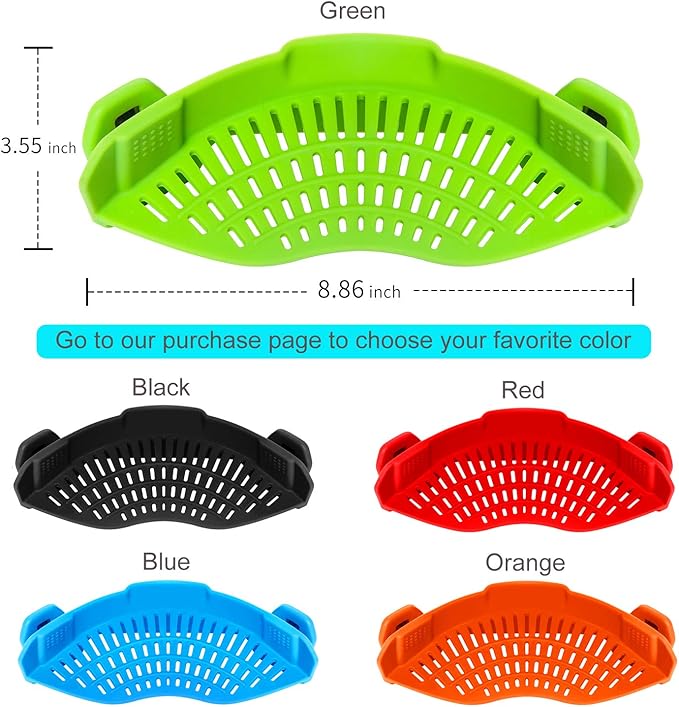 Clip On Strainer Silicone Pots and Pans, AUOON Pasta Strainer Clip on Food Strainer for Meat Vegetables Fruit Silicone Kitchen Colander, Green - Image 2