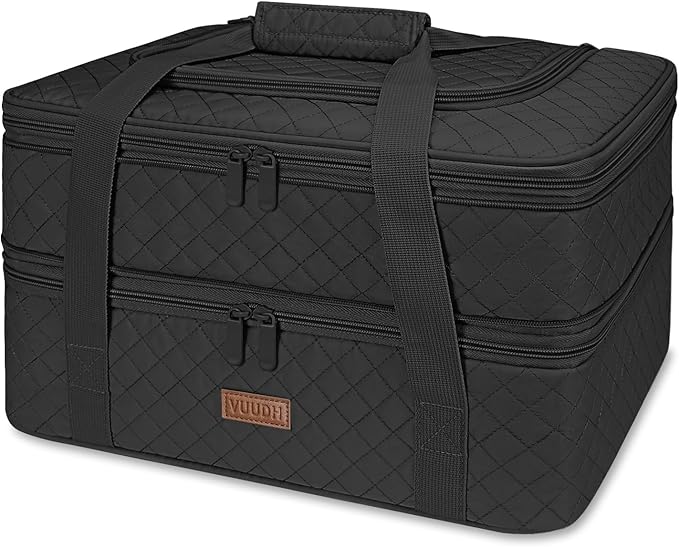 Quilted Double Decker Casserole Carrier - Expandable Dish Carrying Case for Hot or Cold Food, Lasagna Holder for Potluck Parties, Picnic, Beach, Fits 9"×13" Baking Dish (Black)