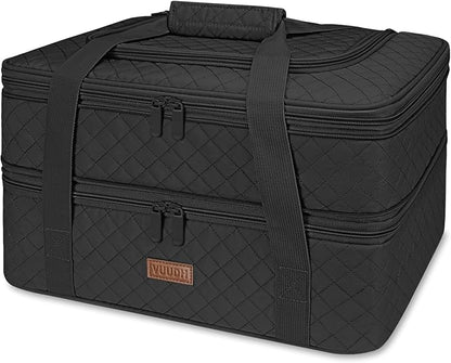Quilted Double Decker Casserole Carrier - Expandable Dish Carrying Case for Hot or Cold Food, Lasagna Holder for Potluck Parties, Picnic, Beach, Fits 9"×13" Baking Dish (Black)