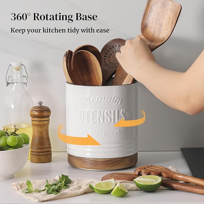 DOWAN 360° Rotating Extra Large Cooking Utensil Holder, 7.6" Kitchen Utensil Holder for Countertop, Utensil Crock for Farmhouse Kitchen Decor, Ceramic Stable Utensil Caddy, White Text - Image 7