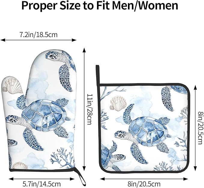Navy Blue Ocean Sea Turtle Oven Mitts and Pot Holders Sets of 2 Summer Gift for Cooking Enthusiasts Coastal Beach Nautical Coral Kitchen Gloves for Baking BBQ Cooking Grilling Decor - Image 3