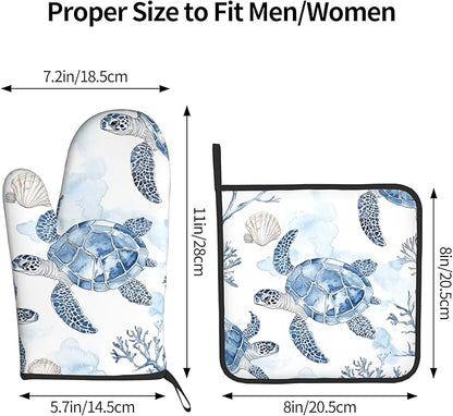 Navy Blue Ocean Sea Turtle Oven Mitts and Pot Holders Sets of 2 Summer Gift for Cooking Enthusiasts Coastal Beach Nautical Coral Kitchen Gloves for Baking BBQ Cooking Grilling Decor - Image 3