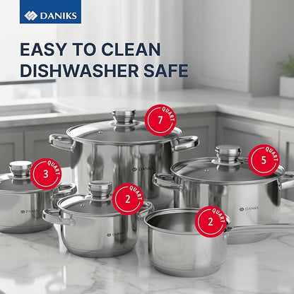 Daniks Standard 9-Piece Stainless Steel Cookware Set with Glass Lids, Includes Saucepan, Tri-Ply Bases for Even Heating, Induction Compatible, Dishwasher Safe, Built-In Measuring Scale, Silver