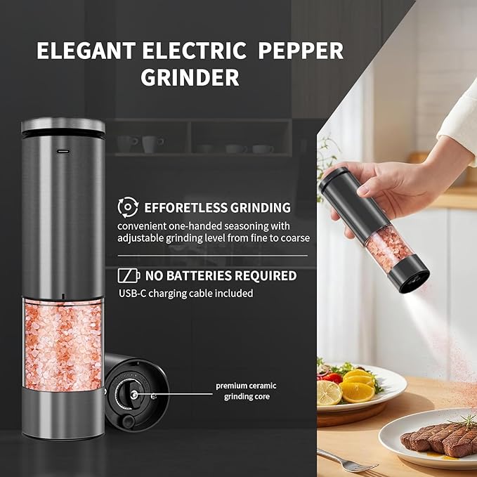 Haomacro Electric Salt and Pepper Grinder Set, Upgraded Larger Capacity Stainless Steel Automatic Salt and Pepper Mill Set Refillable with 5 Adjustable Coarseness Stainless Steel Top button Shaker