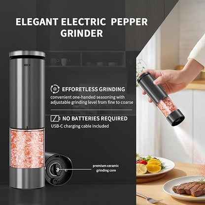 Haomacro Electric Salt and Pepper Grinder Set, Upgraded Larger Capacity Stainless Steel Automatic Salt and Pepper Mill Set Refillable with 5 Adjustable Coarseness Stainless Steel Top button Shaker