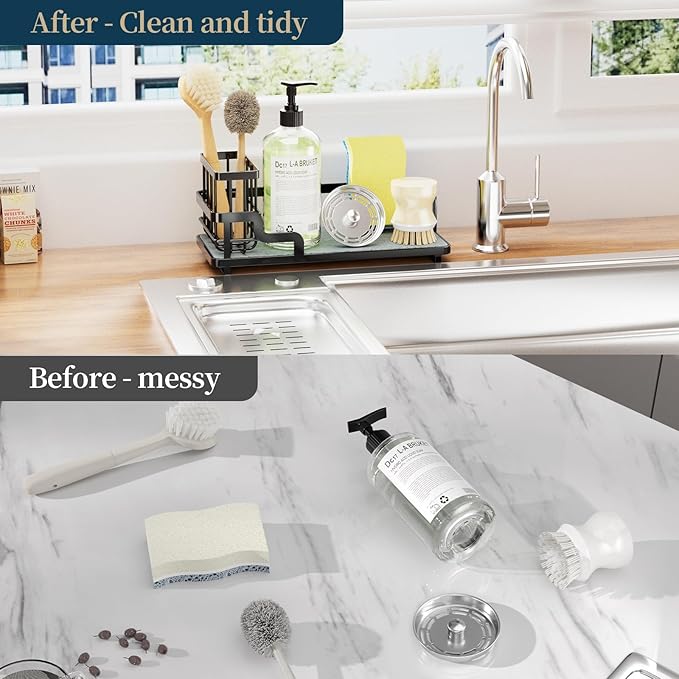 Consumest Sponge Holder for Kitchen Sink - Sink Caddy Organizer with Water Absorbing Stone Tray, Detachable Brush Holder, Stainless Steel Kitchen Counter Organizer Rack, Black - Image 4