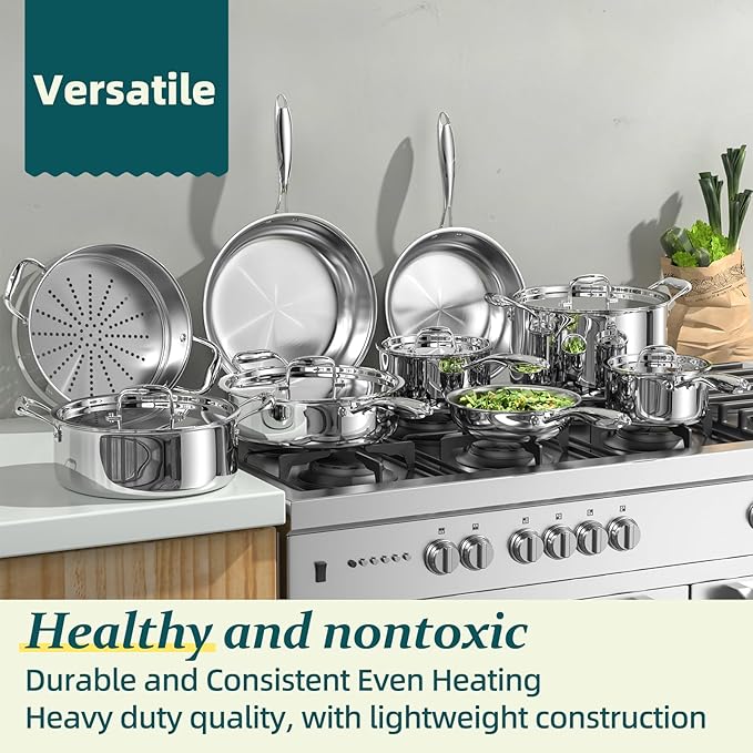 Umite Chef Stainless Steel Cookware Set, 5 Ply 14 Piece Stainless Steel Pot and Pan Set-Induction, Heavy Chef Quality, Oven Safe | Professional Kitchen Cooking Appliances, PFOA, PTFE & PFOS Free - Image 6