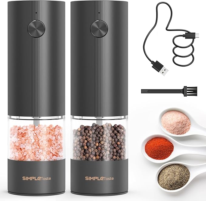 SIMPLETASTE Electric Salt and Pepper Grinder Set with LED Light, Automatic Pepper Mill Shakers with Adjustable Coarseness, One Hand Operation for Kitchen, Dining, Gifting, Black, Rechargeable - Image 9