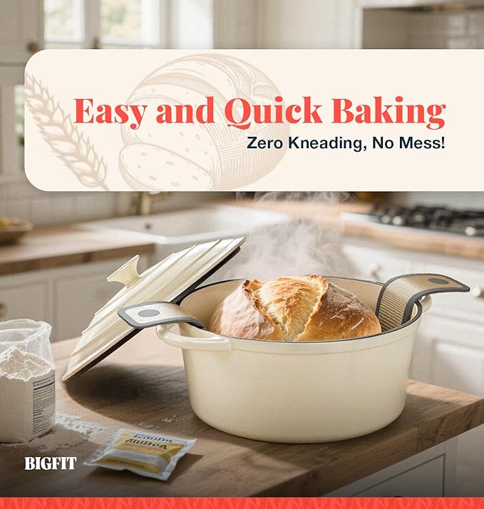 Cast Iron Dutch Oven for Bread Baking, With Banneton Bread Proofing Basket & Sourdough Baking Supplies, 5QT Multi-Functional Enameled Dutch Oven Pot with Lid, Cast Iron Bread Pan, White - Image 2