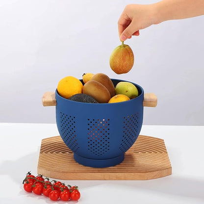 Metal Colander with Wood Handle, 5.5 Quart Powder Coated Steel Large Kitchen Strainer Stable Base,(Deep Blue, 11.26inch)